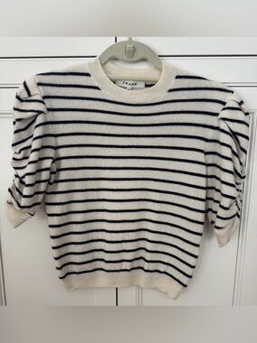Frame Denim Cream and Black Striped Short-Sleeve Crewneck Sweater